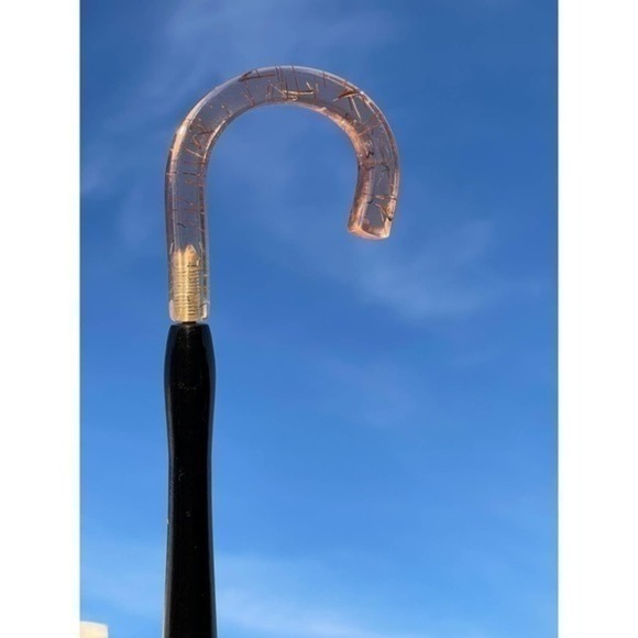 Vintage Tan Acrylic With Tinsel Glitter Hook Handle Mid Century Pagoda Umbrella - Picture 2 of 13